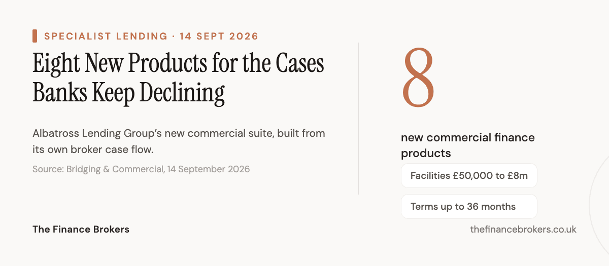 The eight products in the Albatross commercial suite grouped by the decline reason each one answers: debt consolidation, thin trading history, expansion, larger facilities, complex structures, income-producing investment, mixed-use and third-party security